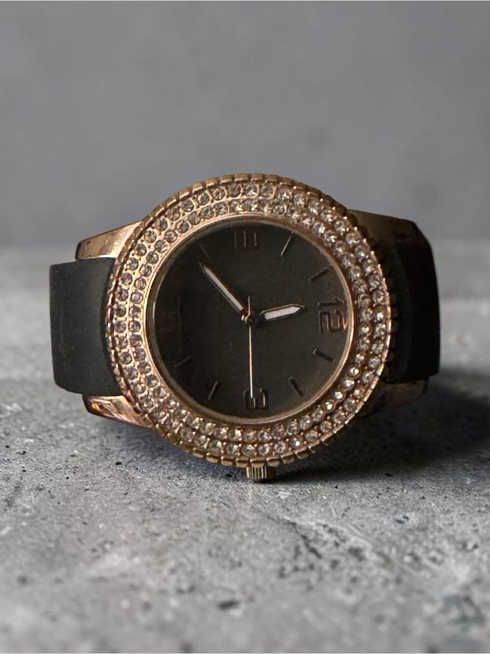 Gold Tone Crystal Bezel Black Silicone Watch
